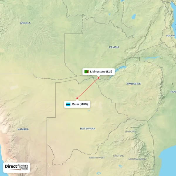 Livingstone - Maun direct flight map