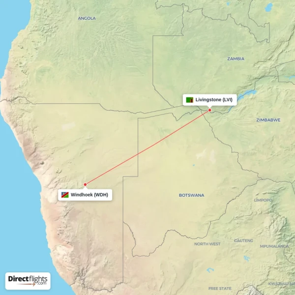 Livingstone - Windhoek direct flight map