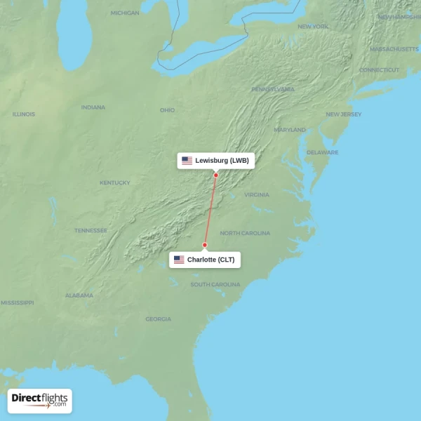 Lewisburg - Charlotte direct flight map
