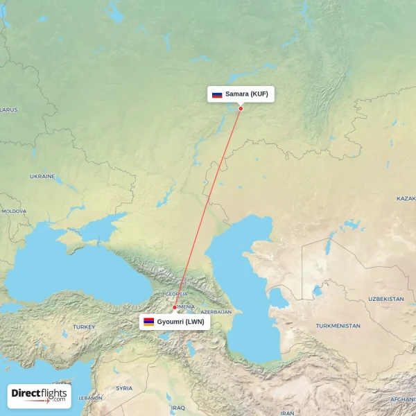 Gyoumri - Samara direct flight map