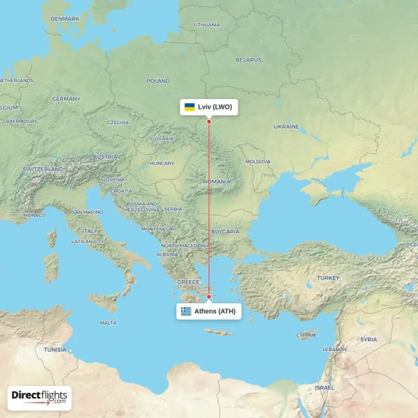 Lviv - Athens direct flight map