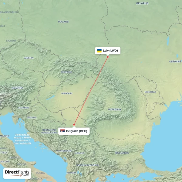 Lviv - Belgrade direct flight map