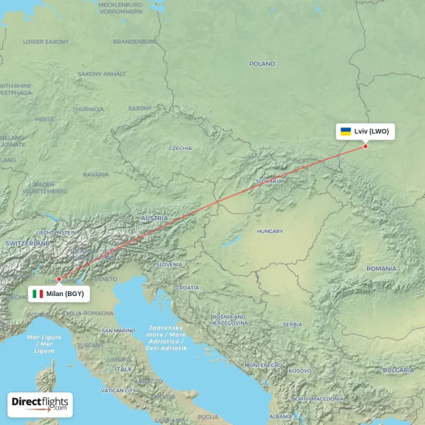 Lviv - Milan direct flight map