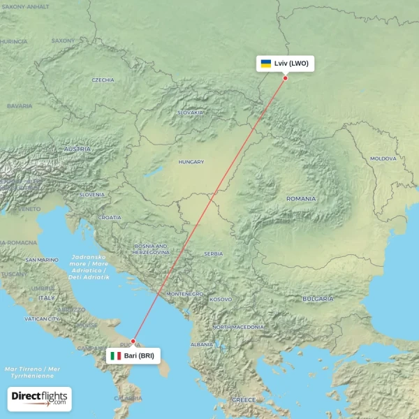 Lviv - Bari direct flight map