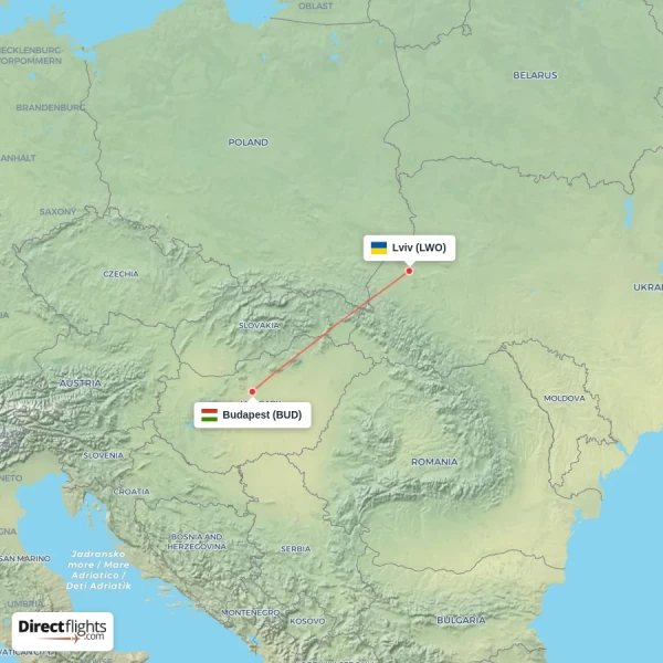 Lviv - Budapest direct flight map
