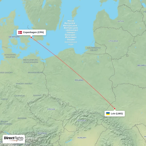 Lviv - Copenhagen direct flight map