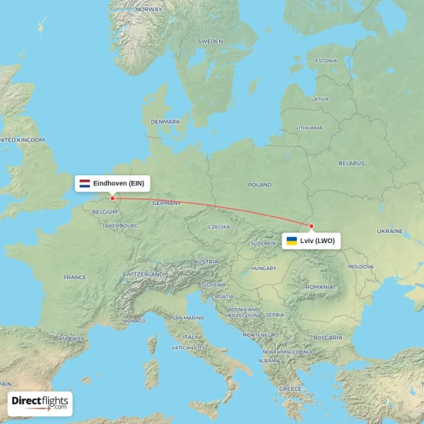 Lviv - Eindhoven direct flight map