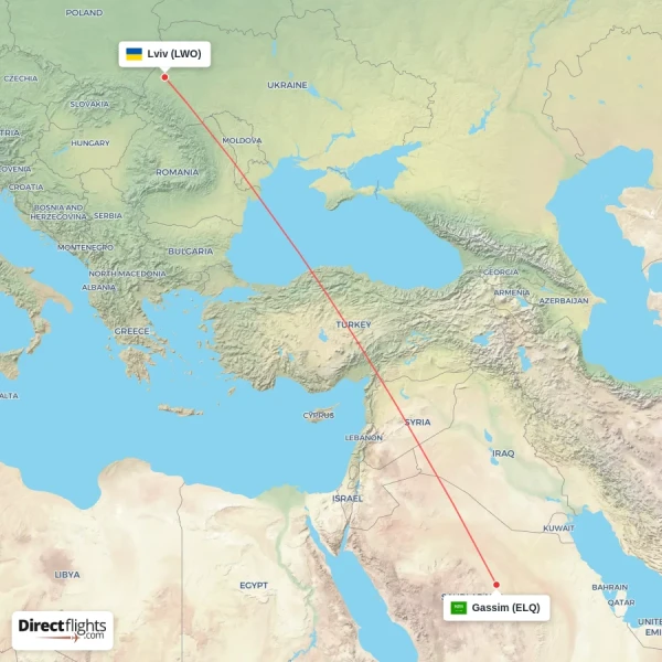 Lviv - Gassim direct flight map