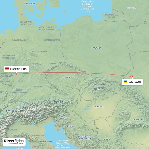 Lviv - Frankfurt direct flight map