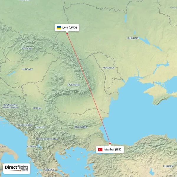 Lviv - Istanbul direct flight map