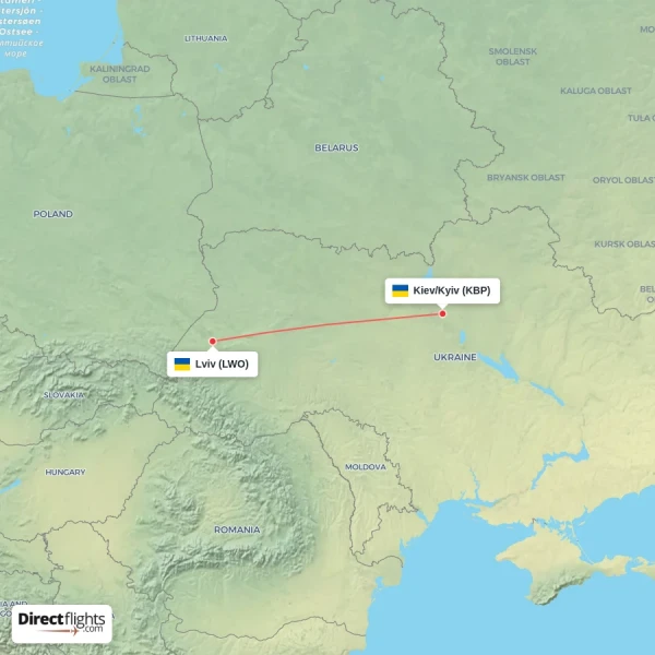 Lviv - Kiev/Kyiv direct flight map