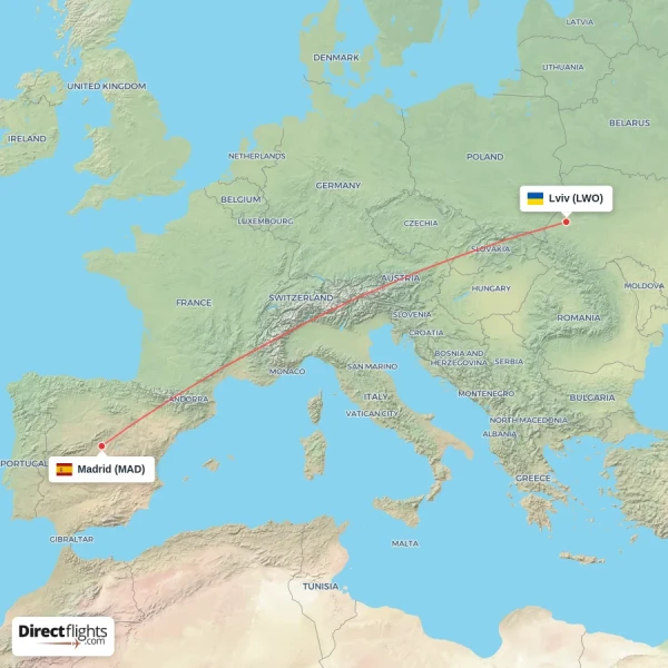 Lviv - Madrid direct flight map