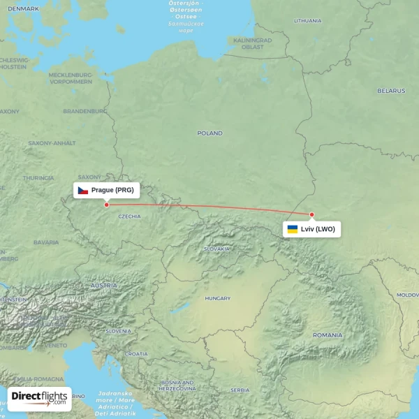 Lviv - Prague direct flight map