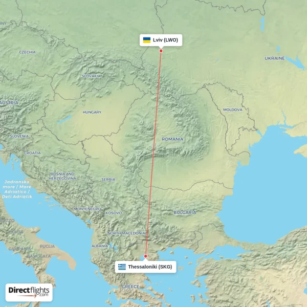Lviv - Thessaloniki direct flight map