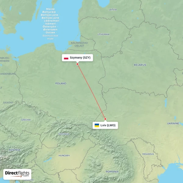 Lviv - Szymany direct flight map