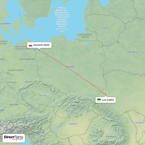 Lviv - Szczecin direct flight map