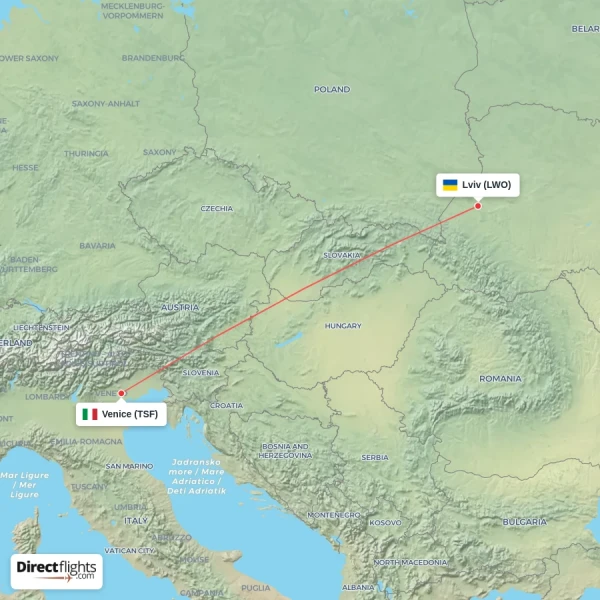 Lviv - Venice direct flight map