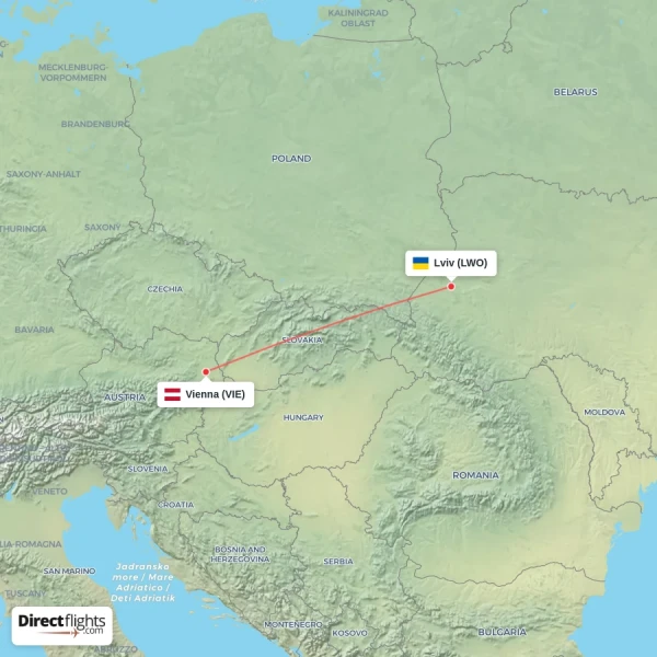 Lviv - Vienna direct flight map