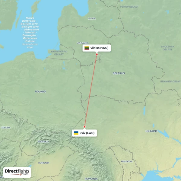 Lviv - Vilnius direct flight map