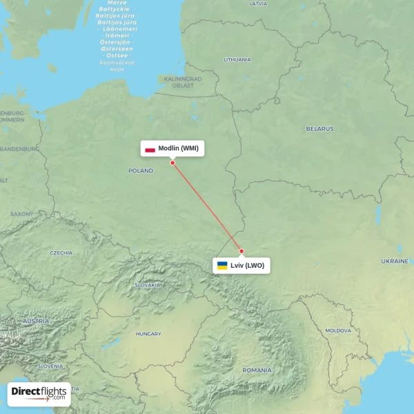 Lviv - Modlin direct flight map