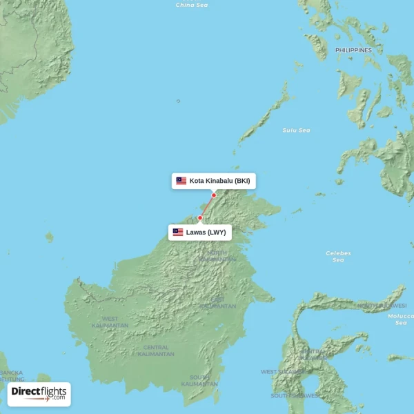 Lawas - Kota Kinabalu direct flight map