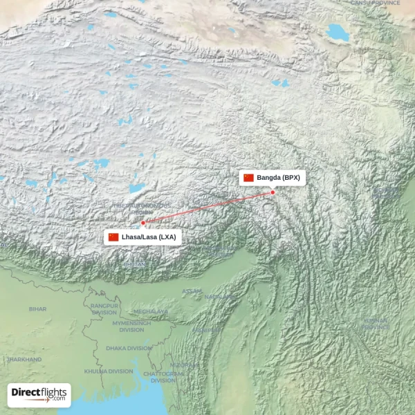 Lhasa/Lasa - Bangda direct flight map