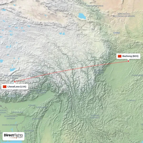 Lhasa/Lasa - Bazhong direct flight map