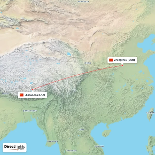 Lhasa/Lasa - Zhengzhou direct flight map