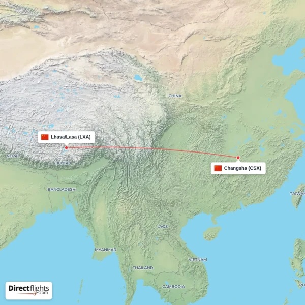 Lhasa/Lasa - Changsha direct flight map