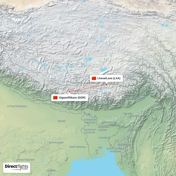 Lhasa/Lasa - Xigaze/Rikaze direct flight map