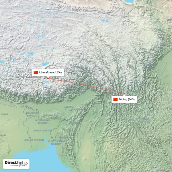 Lhasa/Lasa - Diqing direct flight map
