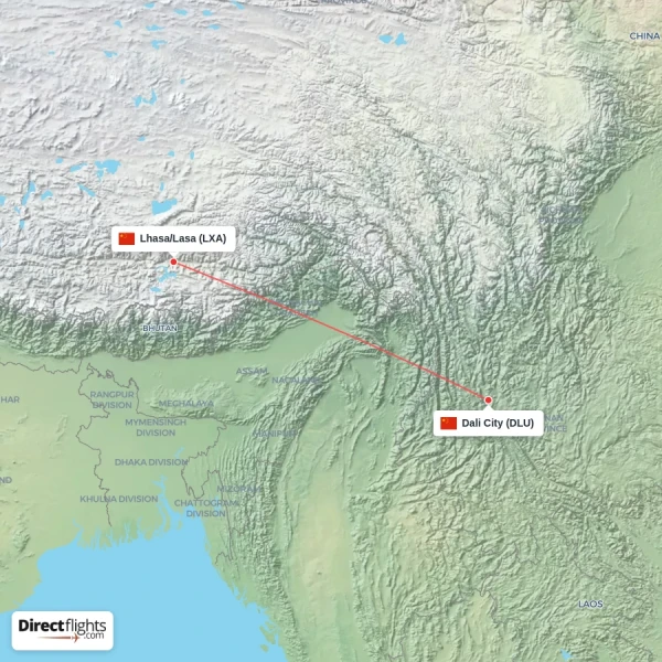 Lhasa/Lasa - Dali City direct flight map