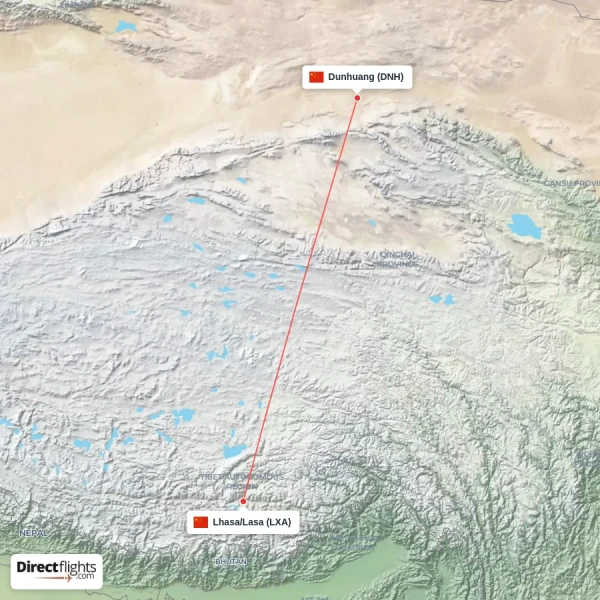 Lhasa/Lasa - Dunhuang direct flight map