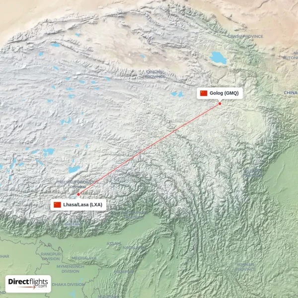 Lhasa/Lasa - Golog direct flight map