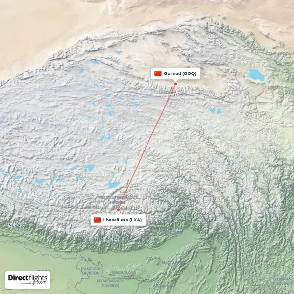 Lhasa/Lasa - Golmud direct flight map