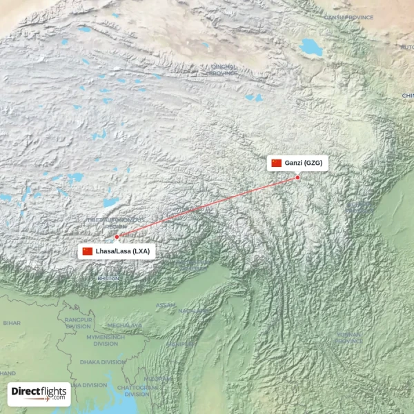 Lhasa/Lasa - Ganzi direct flight map
