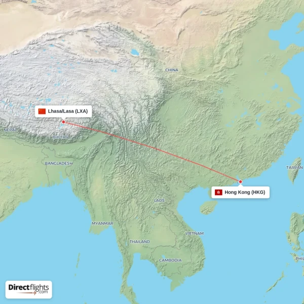 Lhasa/Lasa - Hong Kong direct flight map