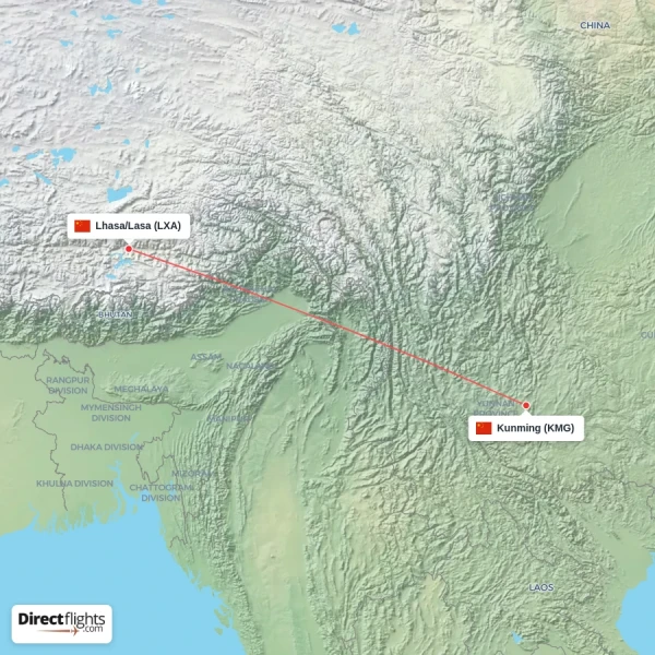 Lhasa/Lasa - Kunming direct flight map