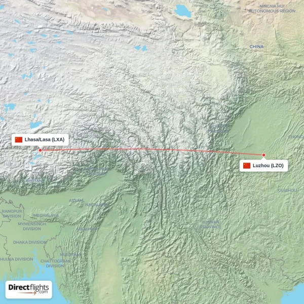 Lhasa/Lasa - Luzhou direct flight map