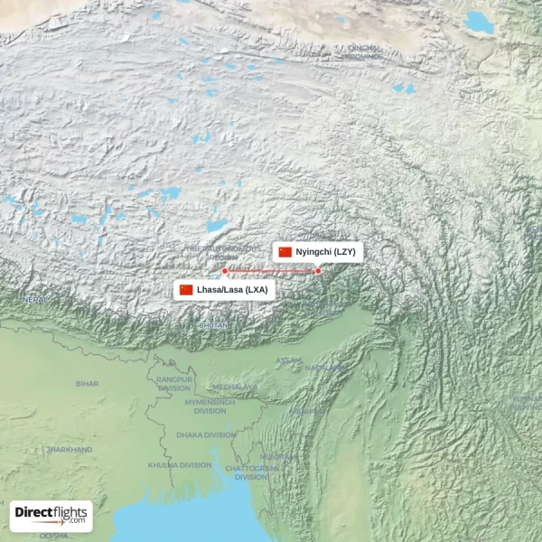 Lhasa/Lasa - Nyingchi direct flight map