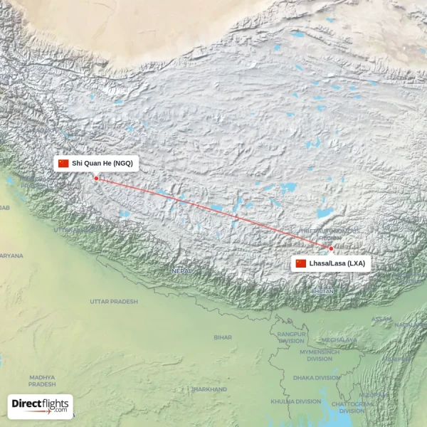 Lhasa/Lasa - Shi Quan He direct flight map