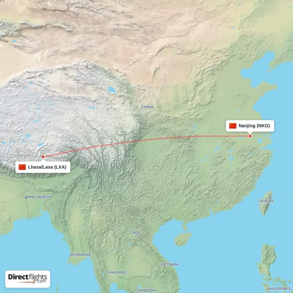 Lhasa/Lasa - Nanjing direct flight map