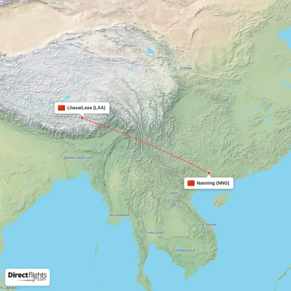 Lhasa/Lasa - Nanning direct flight map