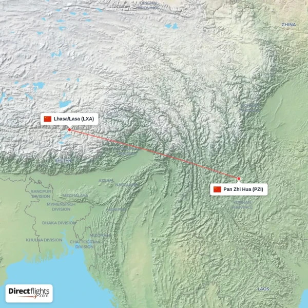 Lhasa/Lasa - Pan Zhi Hua direct flight map