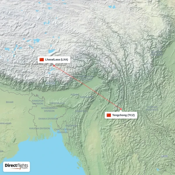 Lhasa/Lasa - Tengchong direct flight map