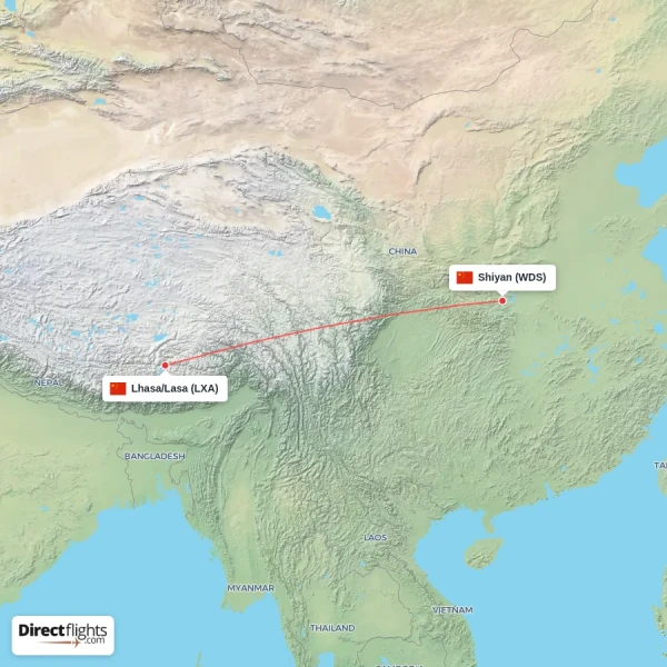 Lhasa/Lasa - Shiyan direct flight map