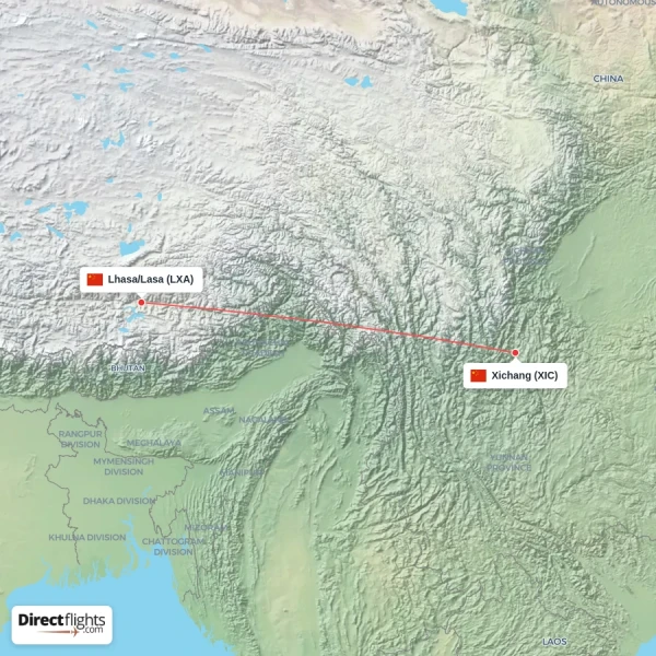 Lhasa/Lasa - Xichang direct flight map