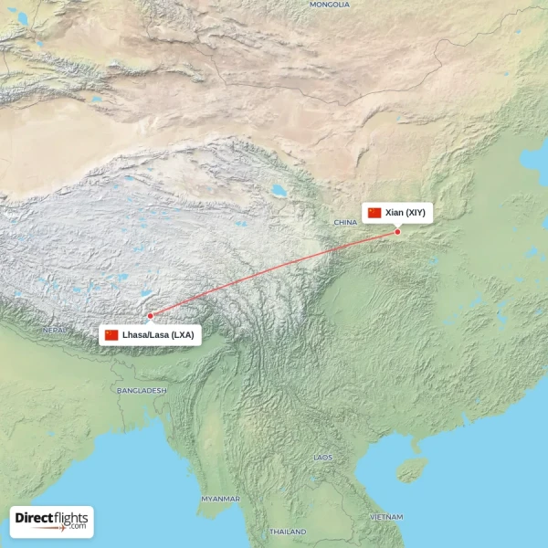 Lhasa/Lasa - Xian direct flight map