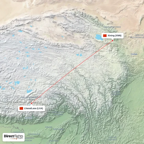 Lhasa/Lasa - Xining direct flight map