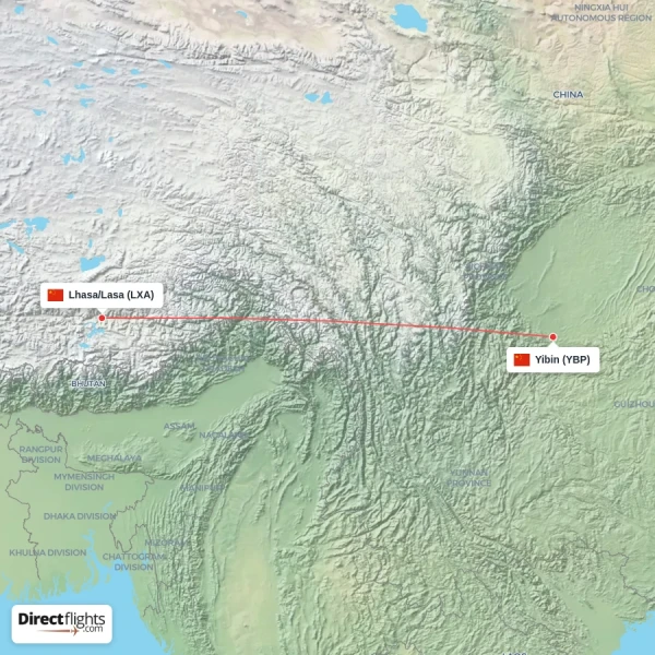 Lhasa/Lasa - Yibin direct flight map